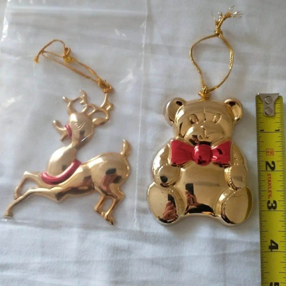 2 Vtg Gloria‎ Duchin Ornaments Classics Collection Reindeer Teddy Bear Gold Tone